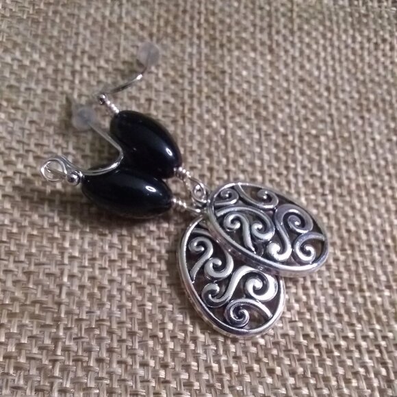 Silver Swirl Filigree & Black Jasper Bead Earrings ~ Feminine Power Tribal Vibes - Picture 2 of 9